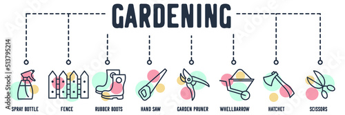Gardening banner web icon. spray bottle, fence, rubber boots, hand saw, garden pruner, wheelbarrow, hatchet, scissors vector illustration concept.