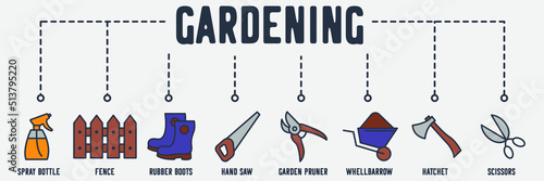 Gardening banner web icon. spray bottle, fence, rubber boots, hand saw, garden pruner, wheelbarrow, hatchet, scissors vector illustration concept.