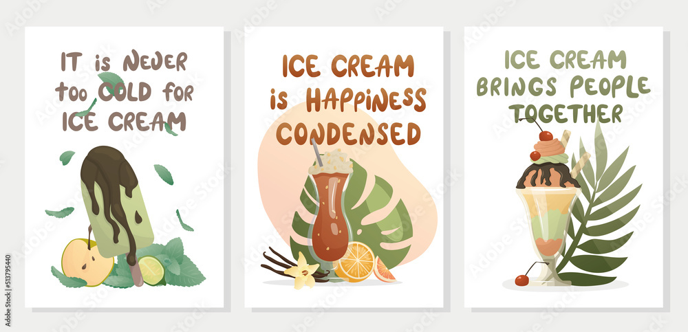Colorful set of postcards with ice cream, fruits, pattern and handwritten letterings. Food and summer concept. Vector illustration for poster, banner, advertising, cover.