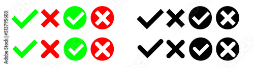 Green check mark, red cross mark icon set. Check mark and cross icons in circle. Isolated. Editable stroke. Vector illustration