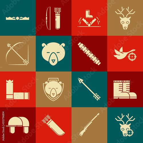 Set Hunt on deer with crosshairs, Hunter boots, duck, Trap hunting, Bear head, Bow and arrow quiver, and Hunting cartridge belt cartridges icon. Vector