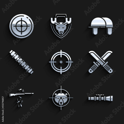 Set Target sport for shooting competition, Hunt bear with crosshairs, Sniper optical sight, Crossed hunter knife, Gun, Hunting cartridge belt cartridges, Hunter hat and icon. Vector