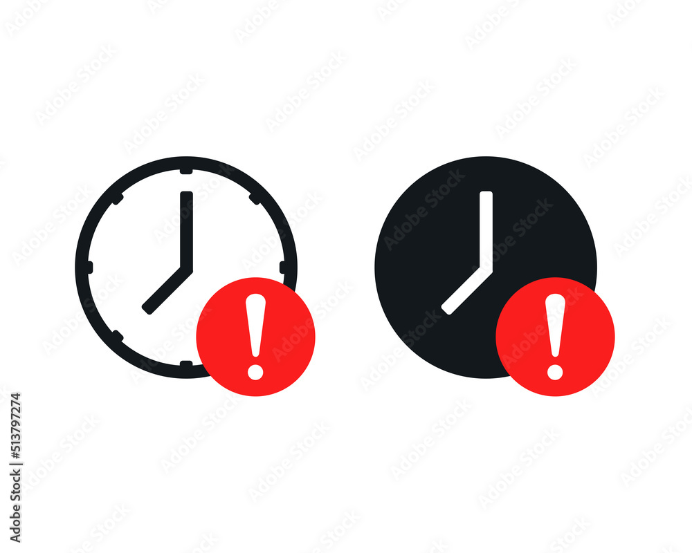 Clock time with exclamation mark. Expire icon. Delay symbol. Vector