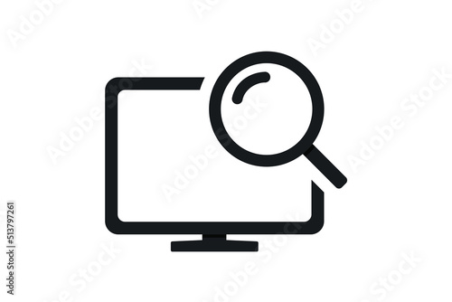 Computer monitor with magnifying glass icon. Vector illustration