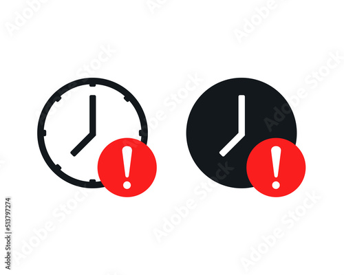 Clock time with exclamation mark. Expire icon. Delay symbol. Vector illustration