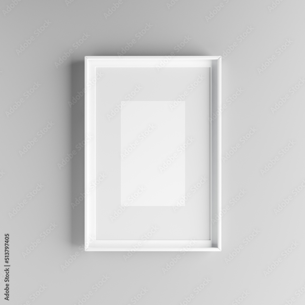 Elegant and minimalistic picture frame with parspartu standing on gray wall Elegant and minimalistic picture frame with parspartu standing on gray wall