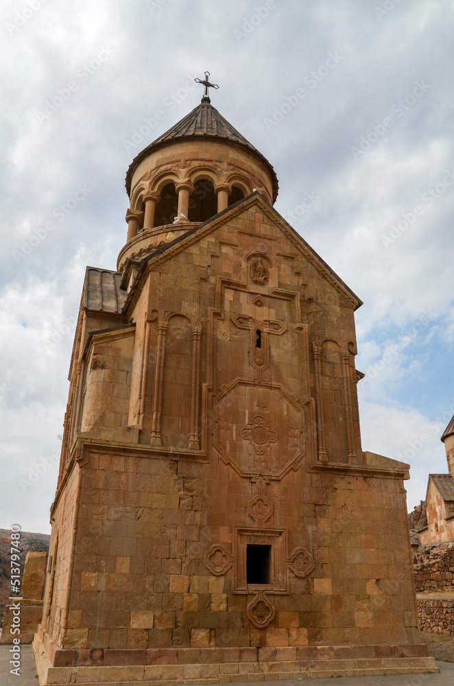 Ancient Surb Astvatsatsin church in Noravank monastery in Amaghu valley surrounded mountains of Armenia