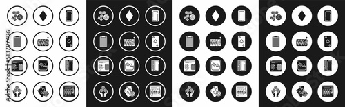 Set Playing card back, Casino chips, chips, game dice and glass of whiskey with ice cubes, clubs symbol, diamonds, Deck playing cards and Online casino exchange stacks dollars icon. Vector