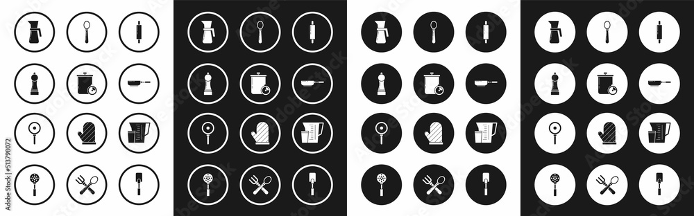 Set Rolling pin, Cooking pot and kitchen timer, Pepper, Measuring cup, Frying pan, Spoon, and icon. Vector Set Rolling pin, Cooking pot and kitchen timer, Pepper, Measuring cup, Frying pan, Spoon, and icon. Vector
