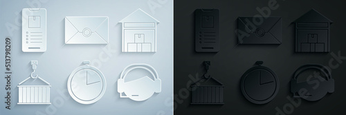 Set Stopwatch, Warehouse, Container on crane, Support operator touch, Envelope and Mobile phone with app delivery tracking icon. Vector