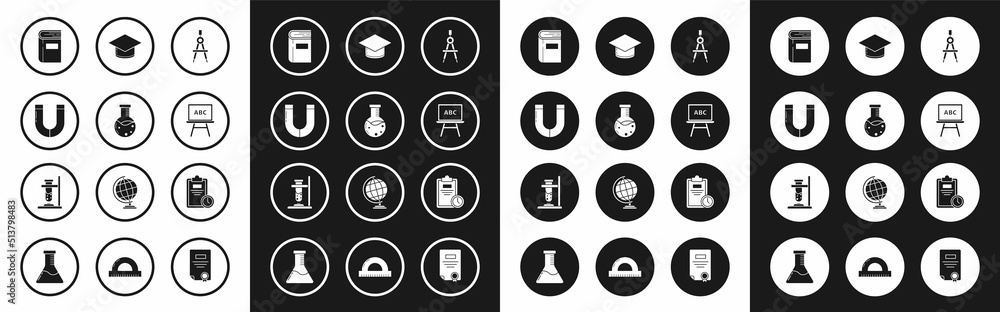 Set Drawing compass, Test tube and flask chemical laboratory, Magnet, Book, Chalkboard, Graduation cap, Exam sheet with clock and Glass test fire icon. Vector Set Drawing compass, Test tube and flask chemical laboratory, Magnet, Book, Chalkboard, Graduation cap, Exam sheet with clock and Glass test fire icon. Vector