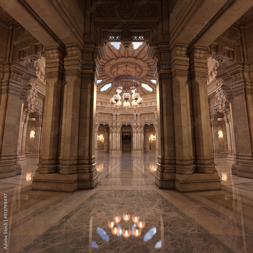 Palace hall with chandelier under the dome roof reflected in the marble floor between high pillars. 3d rendering