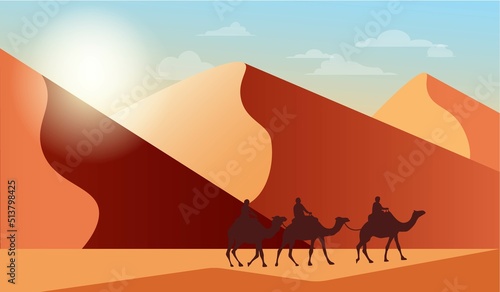 Desert landscape with sand dunes  camel caravan