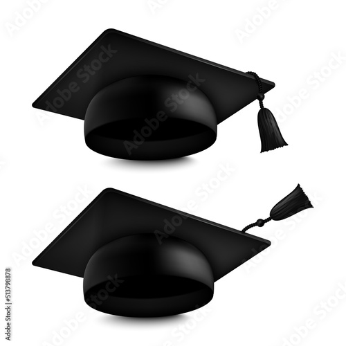 Vector realistic set of a graduate's hat on a white background with a tassel. Illustration of the graduate symbol