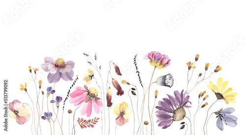 Floral horizontal border with colored flowers and abstract plants, watercolor illustration isolated on white background for summer print, invitation or greeting cards, garden cover for your text.