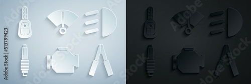 Set Check engine, High beam, Car spark plug, battery jumper power cable, Speedometer and key with remote icon. Vector