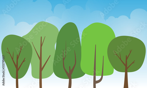 Vector spring or summer illustration background with forest doodle style and blue sky