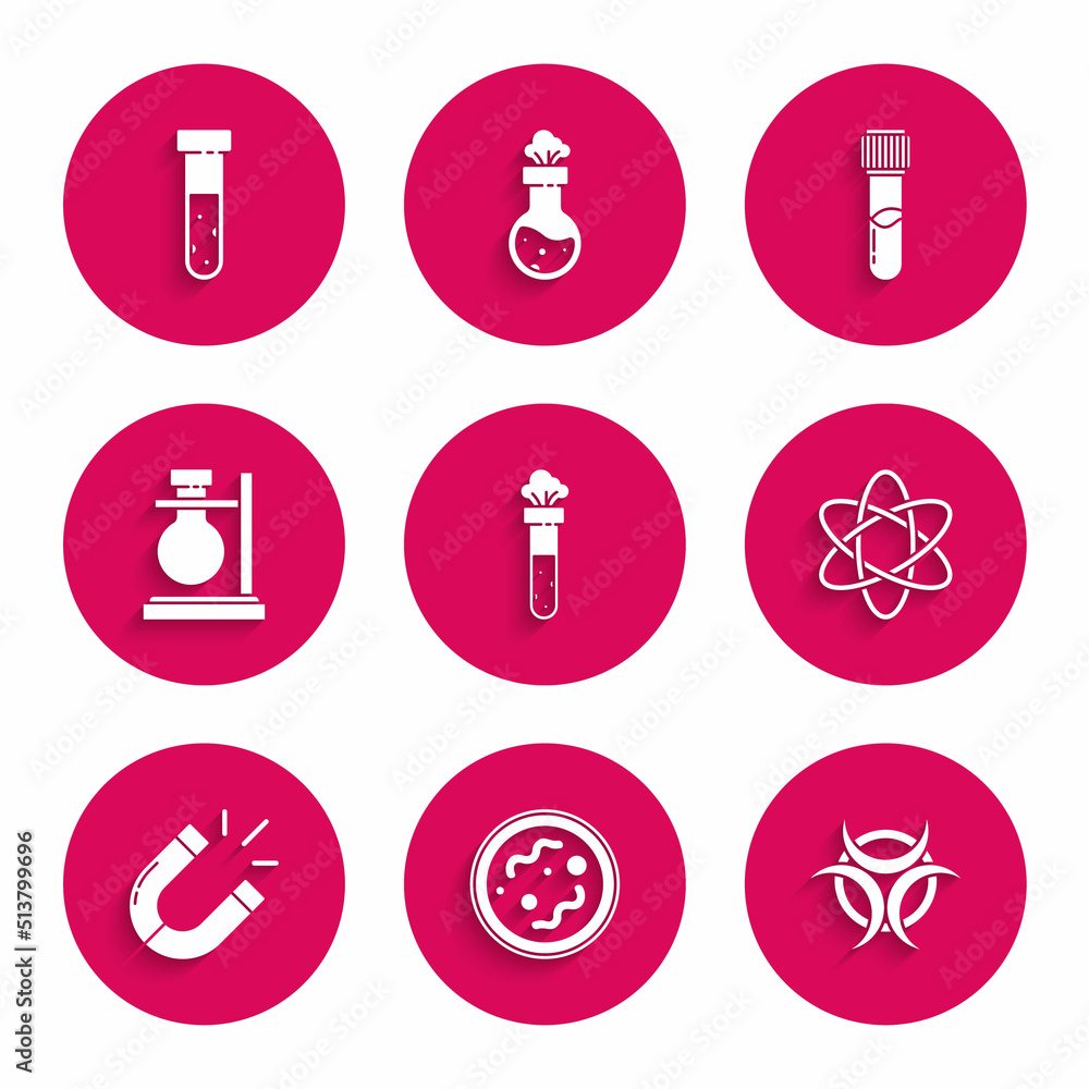 Set Test tube and flask chemical, Bacteria, Biohazard symbol, Atom, Magnet, on stand, and icon. Vector Set Test tube and flask chemical, Bacteria, Biohazard symbol, Atom, Magnet, on stand, and icon. Vector