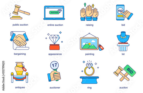 Auction concept line icons set. Pack outline pictograms of public and online auction, raising, bid, bargain, appearance, painting, lot, antique. Vector flat elements for mobile app and web design