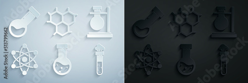 Set Test tube and flask chemical, on stand, Atom, Chemical formula and icon. Vector