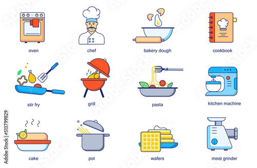 Cooking concept line icons set. Pack outline pictograms of oven, chef, bakery dough, cookbook, stir fry, grill, pasta, kitchen machine, cake, pot. Vector flat elements for mobile app and web design