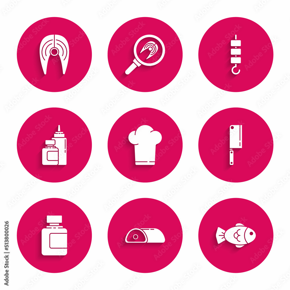Set Chef hat, Meat, Fish, chopper, Sauce bottle, Grilled shish kebab on skewer stick and steak icon. Vector Set Chef hat, Meat, Fish, chopper, Sauce bottle, Grilled shish kebab on skewer stick and steak icon. Vector