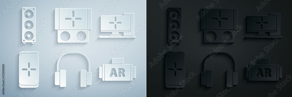 Fototapeta premium Set Headphones, Computer monitor, Smartphone and playing in game, Ar, augmented reality, Portable video console and Stereo speaker icon. Vector