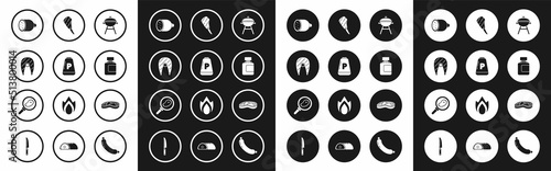Set Barbecue grill, Pepper, Fish steak, Salami sausage, Sauce bottle, Rib eye, Steak meat and in frying pan icon. Vector