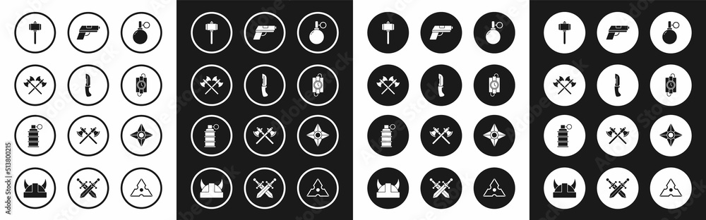 Set Hand grenade, Military knife, Crossed medieval axes, Battle hammer, dynamite stick timer clock, Pistol or gun, Japanese ninja shuriken and icon. Vector