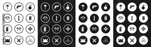 Set Hand grenade, Military knife, Crossed medieval axes, Battle hammer, dynamite stick timer clock, Pistol or gun, Japanese ninja shuriken and icon. Vector