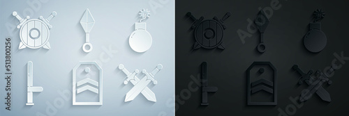 Set Chevron, Bomb ready to explode, Police rubber baton, Crossed medieval sword, Japanese ninja shuriken and Wooden shield with crossed swords icon. Vector