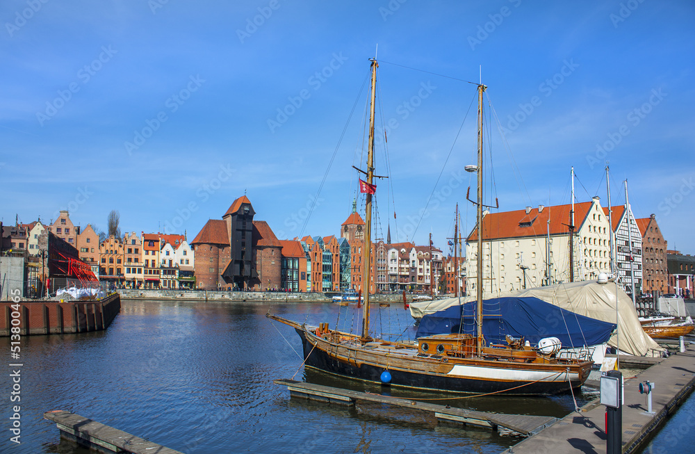 Harbor at Motlawa river with old town of Gdansk in Poland