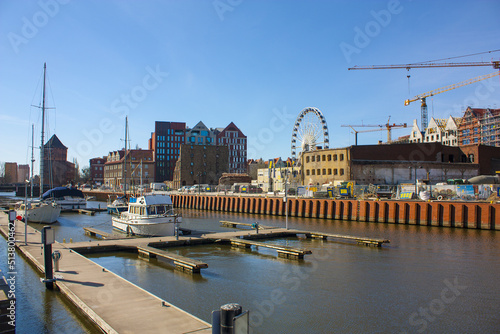 Harbor at Motlawa river with old town of Gdansk in Poland 