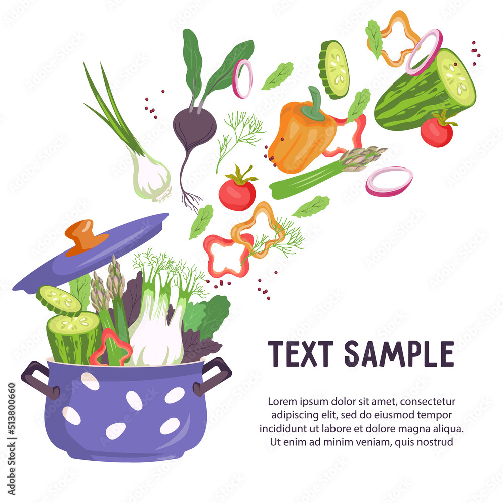 Banner or poster with vegetables flying out of cooking pot, flat vector illustration. Recipe book and food banner or poster template. Healthy vegetarian food and culinary. Banner or poster with vegetables flying out of cooking pot, flat vector illustration. Recipe book and food banner or poster template. Healthy vegetarian food and culinary.