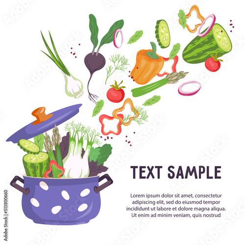 Banner or poster with vegetables flying out of cooking pot, flat vector illustration. Recipe book and food banner or poster template. Healthy vegetarian food and culinary.