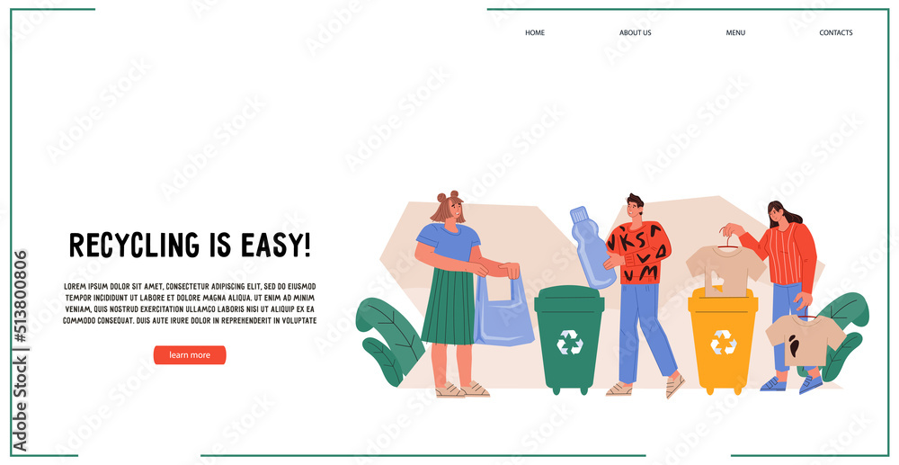 Eco-friendly people sorting waste for recycle and reuse. Save the planet and environment concept for website template, flat design vector illustration on white. Eco-friendly people sorting waste for recycle and reuse. Save the planet and environment concept for website template, flat design vector illustration on white.