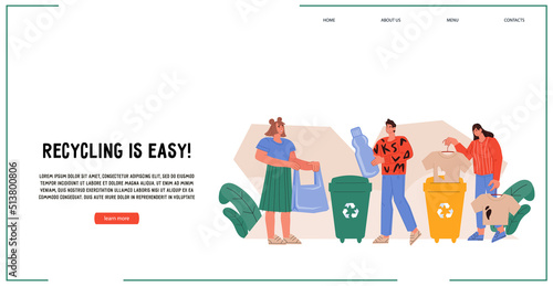 Eco-friendly people sorting waste for recycle and reuse. Save the planet and environment concept for website template, flat design vector illustration on white.