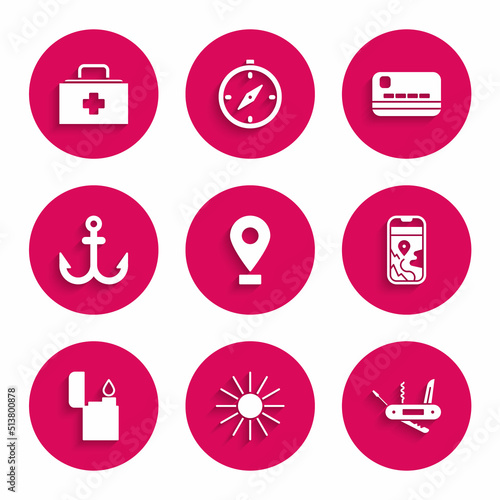 Set Location, Sun, Swiss army knife, City map navigation, Lighter, Anchor, Credit card and First aid kit icon. Vector