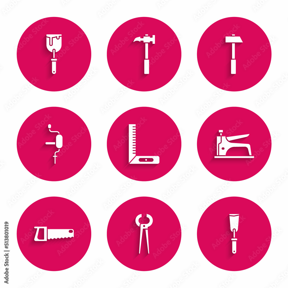 Set Corner ruler, Pincers and pliers, Putty knife, Construction stapler, Hand saw, drill, Hammer and icon. Vector Set Corner ruler, Pincers and pliers, Putty knife, Construction stapler, Hand saw, drill, Hammer and icon. Vector