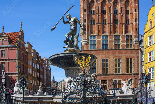 Famous fountain of Neptune and Main Town Hall in Gdansk, Poland