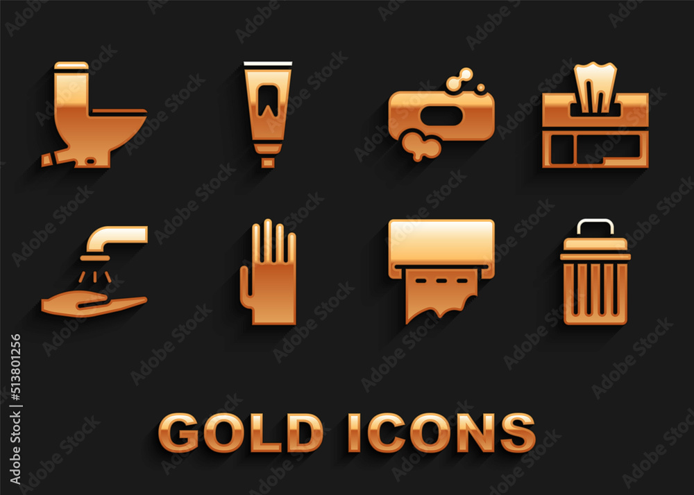 Set Rubber gloves, Wet wipe pack, Trash can, Paper towel dispenser on wall, Washing hands with soap, Bar of, Toilet bowl and Tube toothpaste icon. Vector Set Rubber gloves, Wet wipe pack, Trash can, Paper towel dispenser on wall, Washing hands with soap, Bar of, Toilet bowl and Tube toothpaste icon. Vector