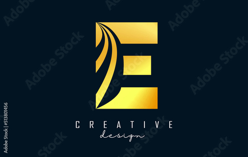 Creative golden letter E logo with leading lines and road concept design. Letter E with geometric design.