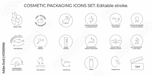 Cosmetic packaging icons set. Editable stroke. Vector stock illustration isolated on white background for beauty and skin care product - face cream, lotion, shampoo.