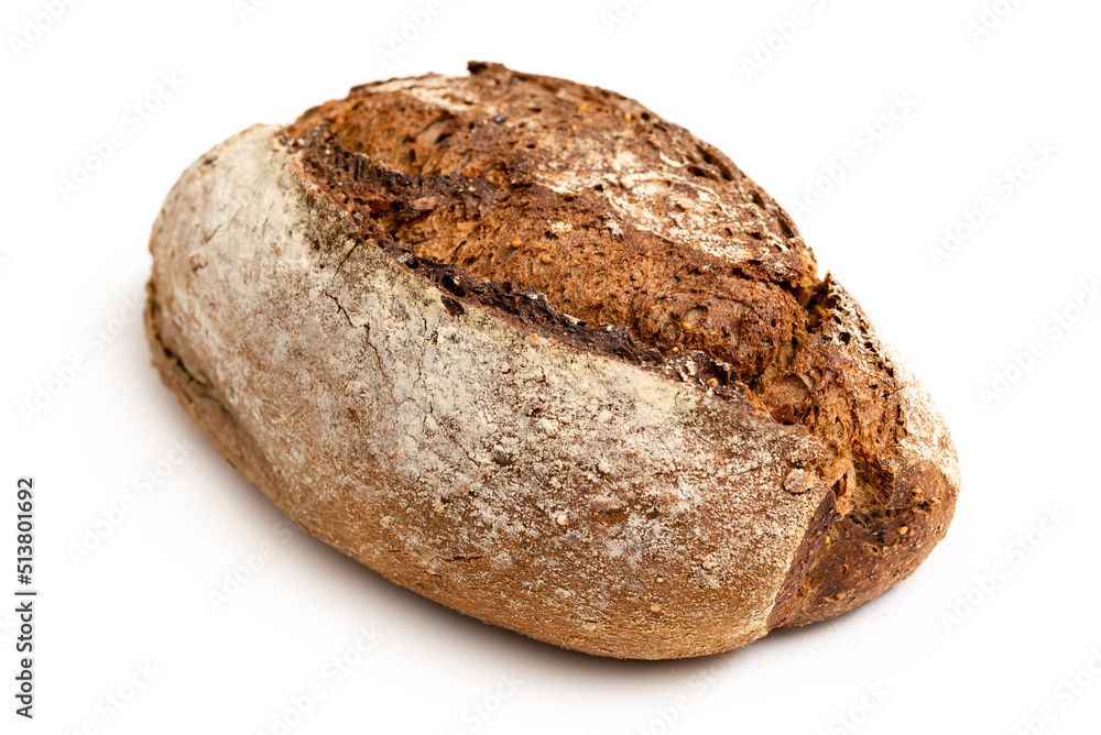 Pane fresco integrale isolato su fondo bianco, cibo italiano Pane fresco integrale isolato su fondo bianco, cibo italiano
