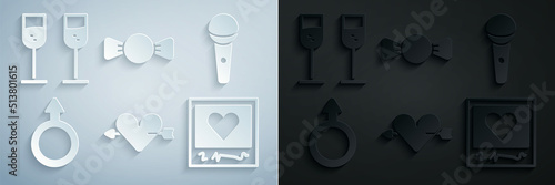 Set Amour with heart and arrow, Microphone, Male gender symbol, Photo frames hearts, Bow tie and Glass of champagne icon. Vector