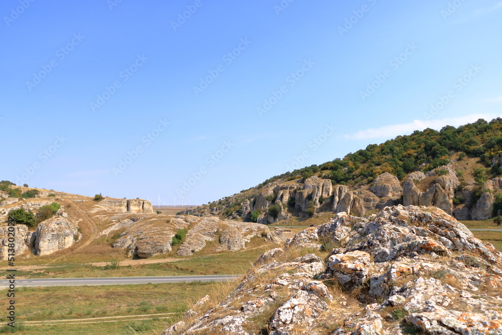 mountain landscape with some of the oldest limestone rock formations in Europe, in Dobrogea Gorges (Cheile Dobrogei), Romania