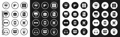 Set Insects in a frame, Sweater, Computer monitor screen, Virtual reality glasses, Crossword, Ray gun, Viking horned helmet and Bow tie icon. Vector
