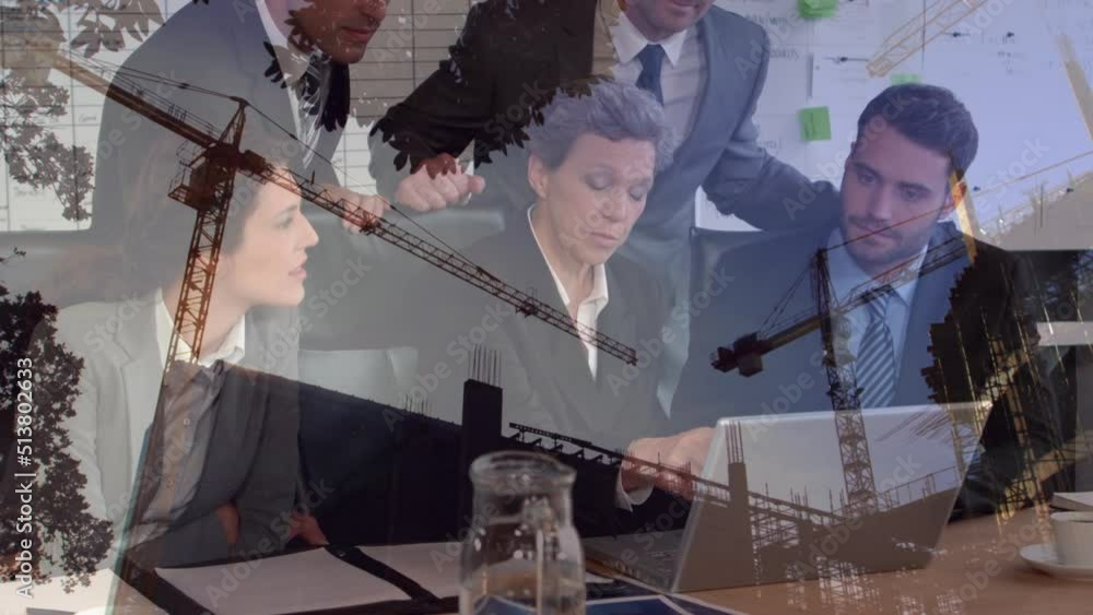 Animation of building site over diverse business people talking Animation of building site over diverse business people talking