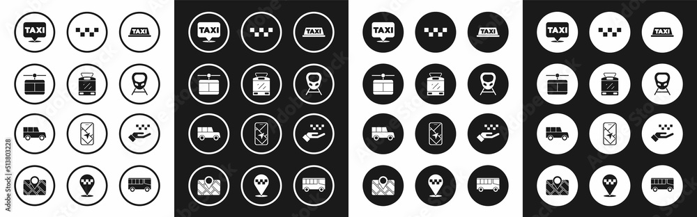 Set Taxi car roof, Tram and railway, Cable, Location with taxi, High-speed train, Hand and Car icon. Vector