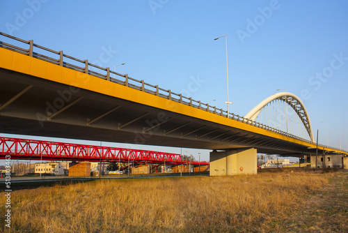 Red viaduct near stadium Energa in Gdansk, Poland photo